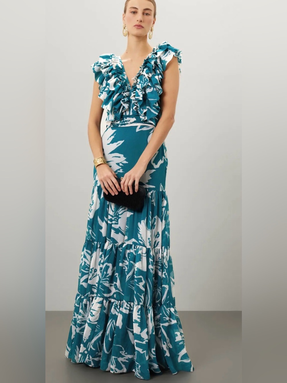 Pueblo Magico Teal Blue Floral V-Neck Tiered Maxi Gown by Andrés Otálora